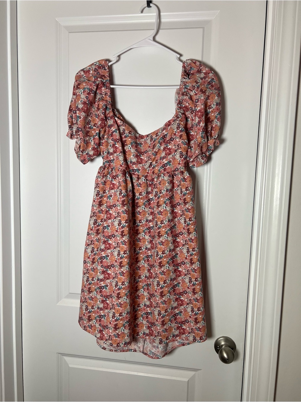 Altar’d State Floral Puff-Sleeve Mini Dress in Rust Pink